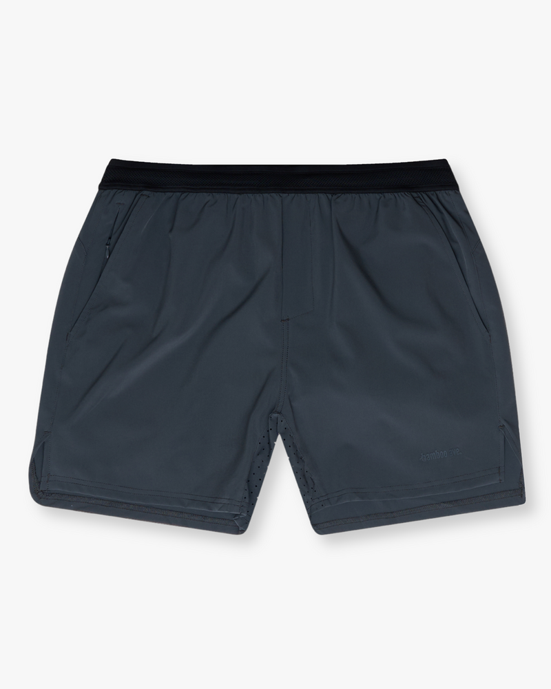 Charcoal grey athletic shorts with an elastic waistband and side pockets - Bamboo Ave